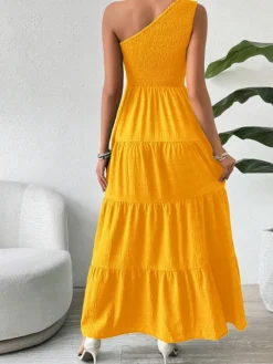 Hot Retro Stage 1930s One-Shoulder Smocked Tiered Dress Yellow