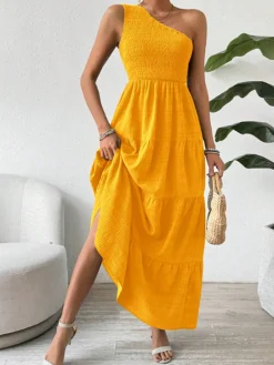 Hot Retro Stage 1930s One-Shoulder Smocked Tiered Dress Yellow