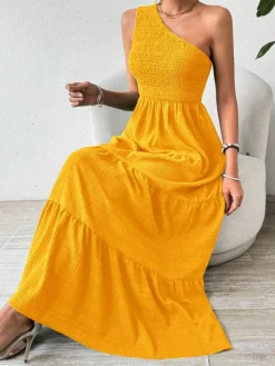 Hot Retro Stage 1930s One-Shoulder Smocked Tiered Dress Yellow
