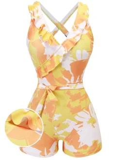 Fashion Retro Stage 1940s Painting Plants Lace-Up Swimsuit Yellow