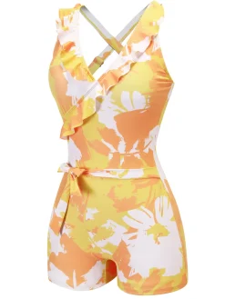 Fashion Retro Stage 1940s Painting Plants Lace-Up Swimsuit Yellow