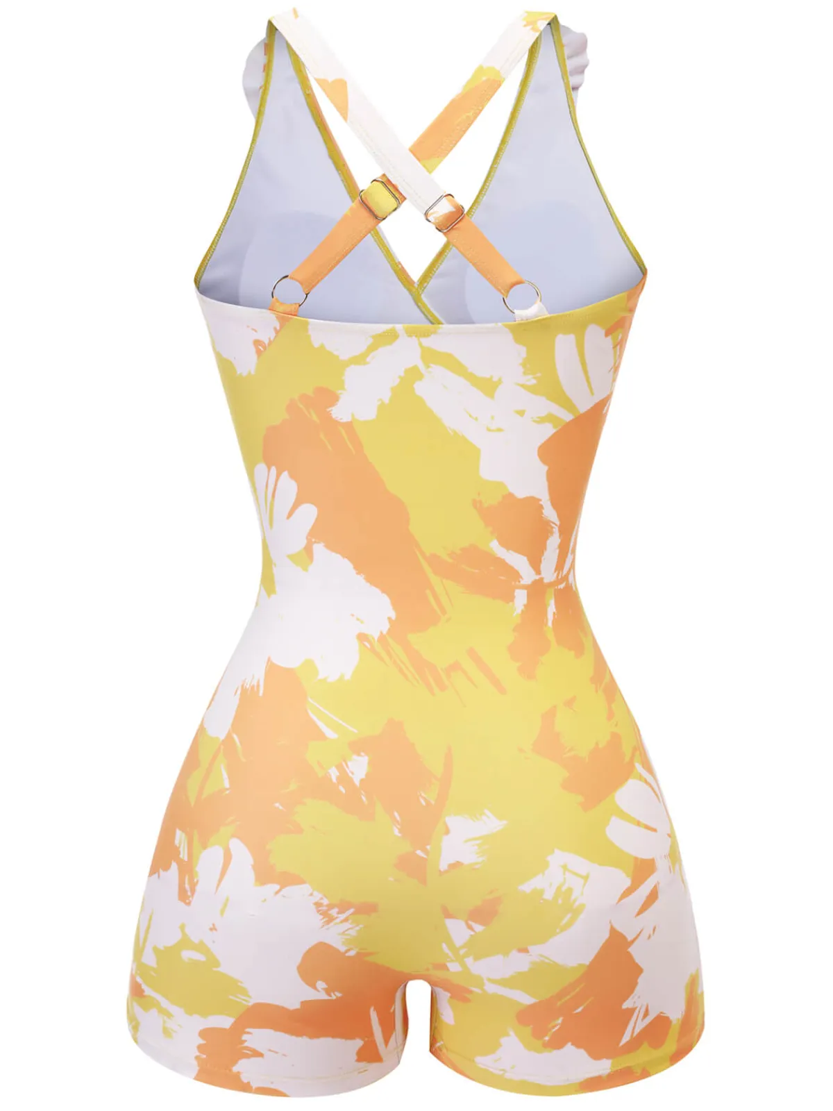 Fashion Retro Stage 1940s Painting Plants Lace-Up Swimsuit Yellow