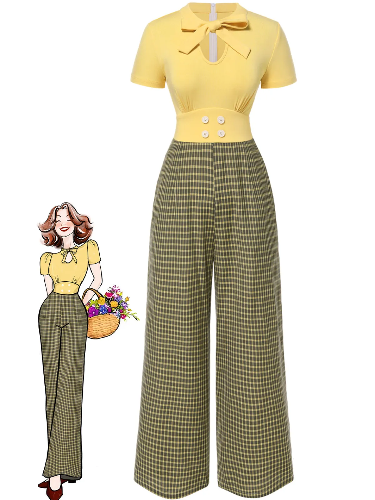 Hot Retro Stage 1930s Plaid Keyhole Tie Neck Jumpsuit Yellow