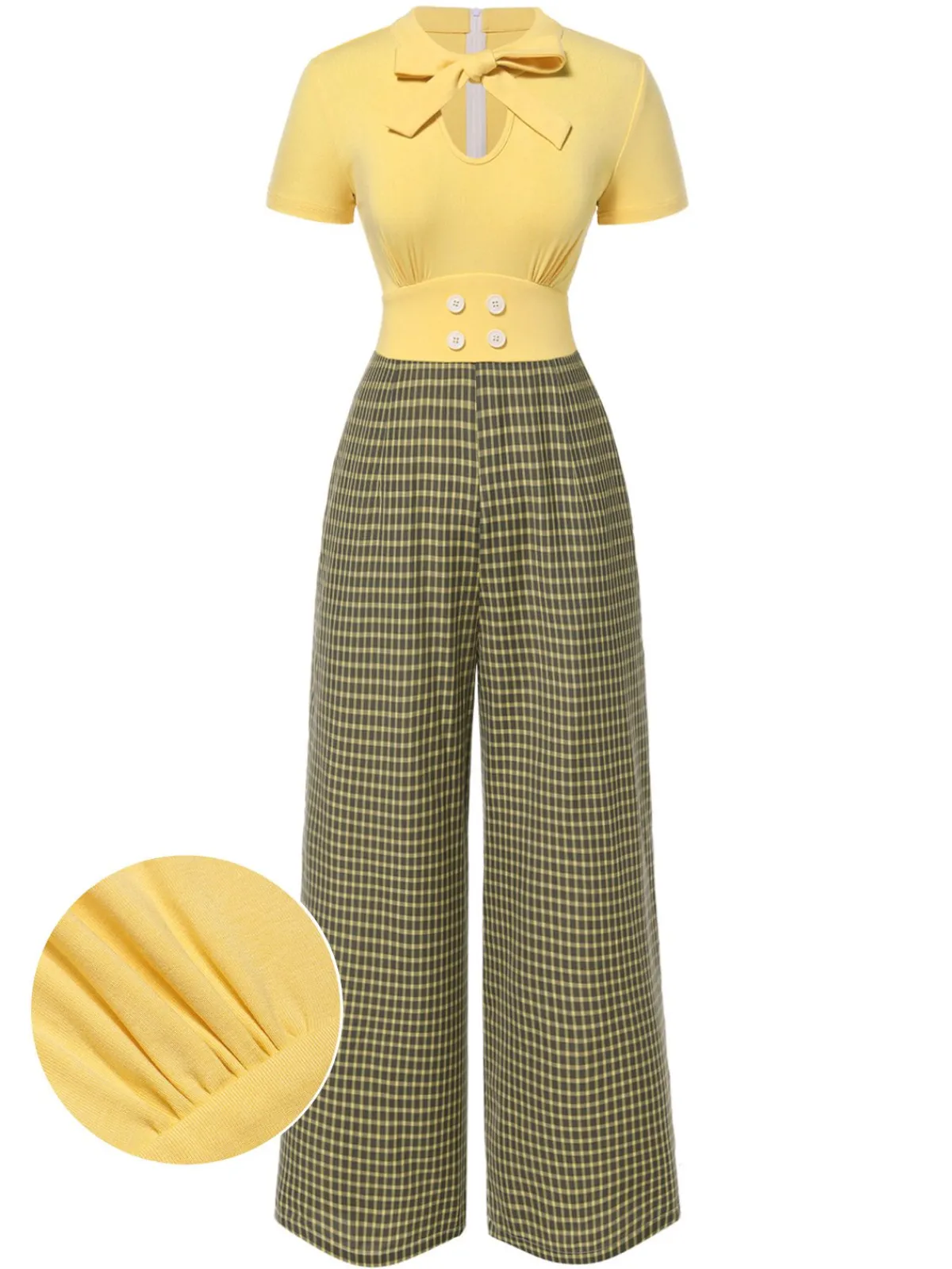 Hot Retro Stage 1930s Plaid Keyhole Tie Neck Jumpsuit Yellow