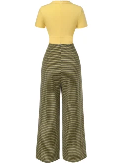 Hot Retro Stage 1930s Plaid Keyhole Tie Neck Jumpsuit Yellow