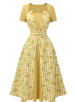 Online Retro Stage 1950s Plaid Rose Panel Raglan Dress Yellow