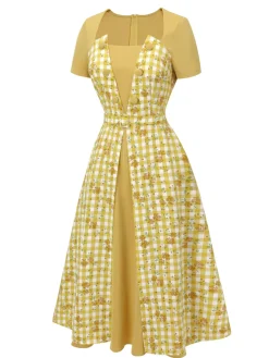 Online Retro Stage 1950s Plaid Rose Panel Raglan Dress Yellow