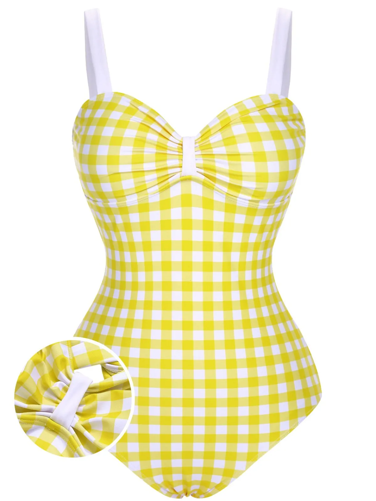 Sale Retro Stage 1950s Plaid Strap Pleated Swimsuit Yellow