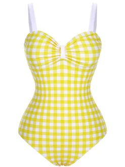 Sale Retro Stage 1950s Plaid Strap Pleated Swimsuit Yellow