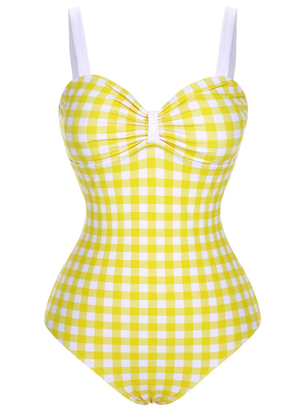 Sale Retro Stage 1950s Plaid Strap Pleated Swimsuit Yellow