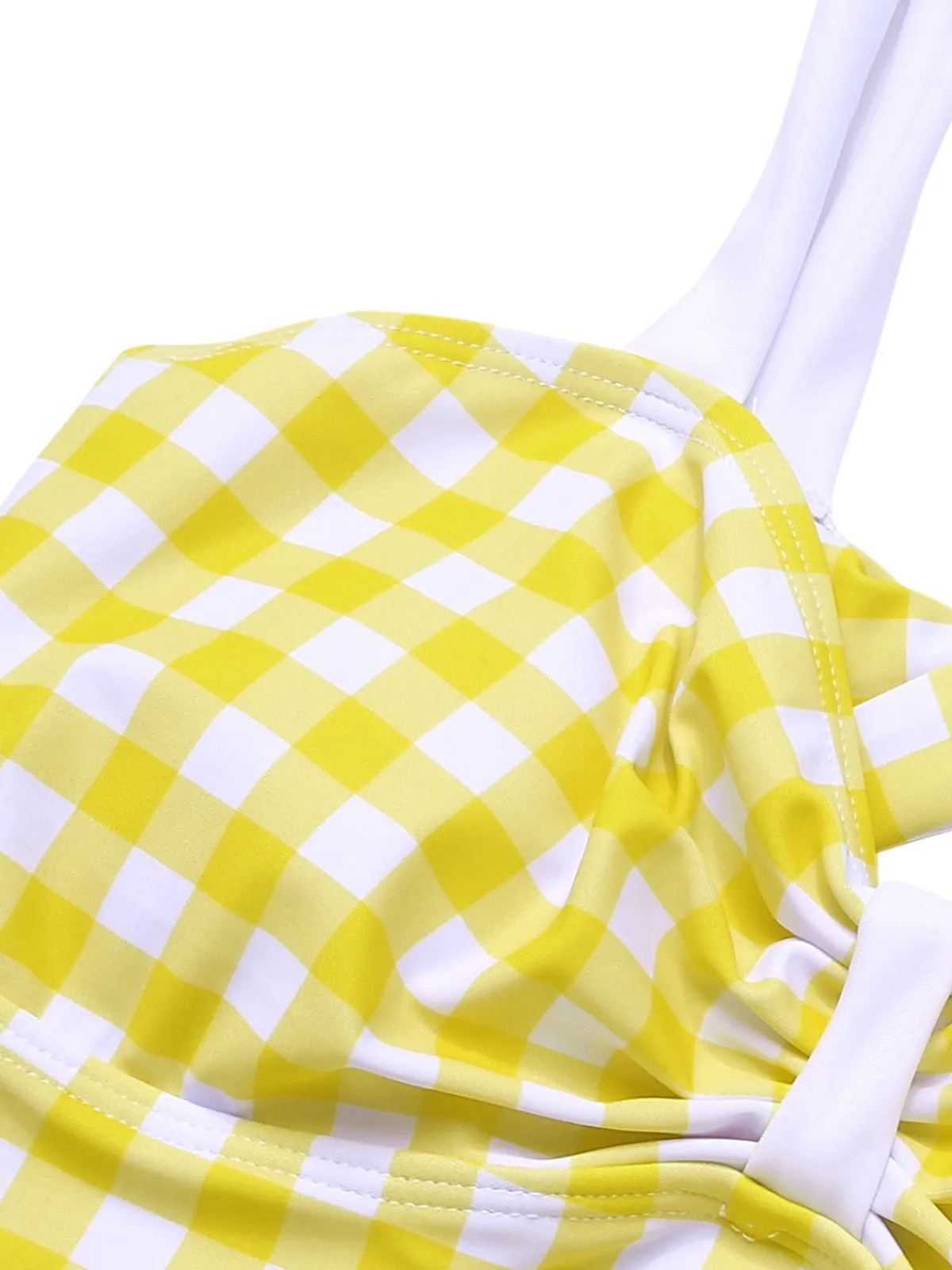 Sale Retro Stage 1950s Plaid Strap Pleated Swimsuit Yellow