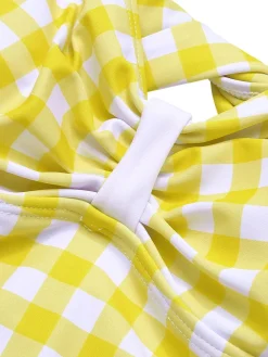 Sale Retro Stage 1950s Plaid Strap Pleated Swimsuit Yellow