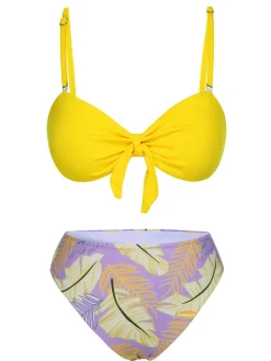Outlet Retro Stage Yellow 1960s Plant Prints Halter Bow Swimsuit Yellow & Purple
