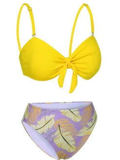 Outlet Retro Stage Yellow 1960s Plant Prints Halter Bow Swimsuit Yellow & Purple