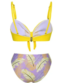 Outlet Retro Stage Yellow 1960s Plant Prints Halter Bow Swimsuit Yellow & Purple