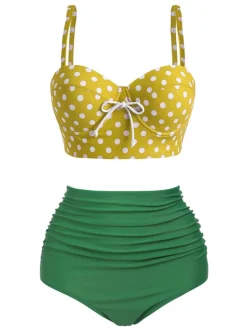 Hot Retro Stage 1940s Polka Dot Bikini Set Yellow