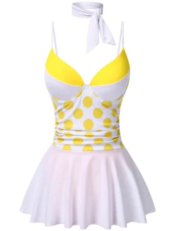 New Retro Stage 1940s Polka Dot Bow Patchwork One-Piece Swimsuit Yellow