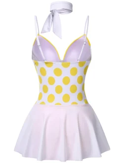 New Retro Stage 1940s Polka Dot Bow Patchwork One-Piece Swimsuit Yellow