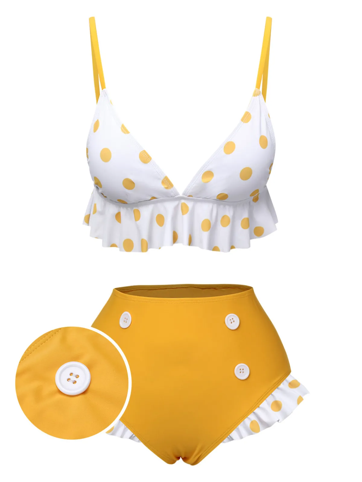 Sale Retro Stage 1940s Polka Dot Ruffle Swimsuit Yellow