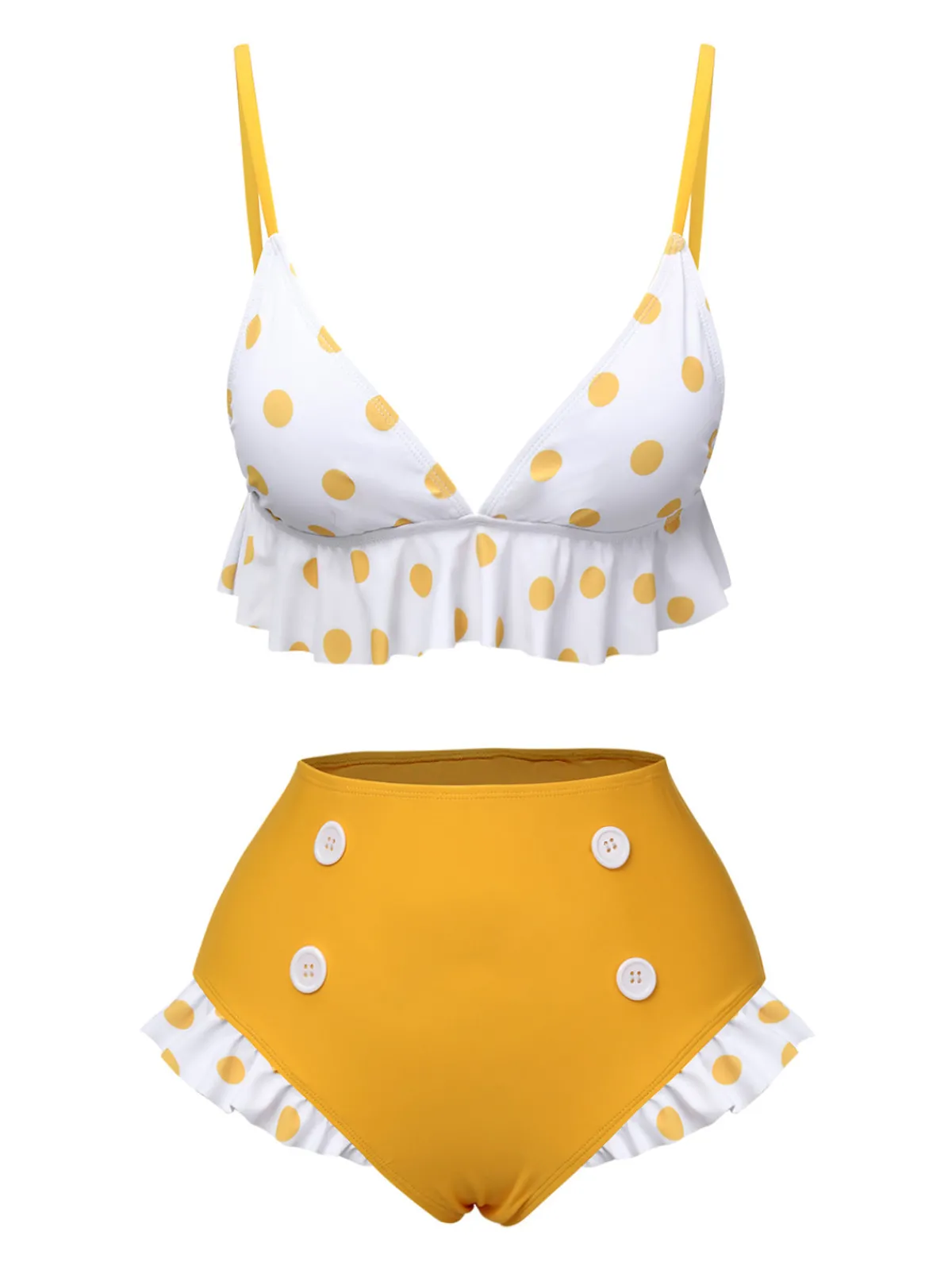 Sale Retro Stage 1940s Polka Dot Ruffle Swimsuit Yellow