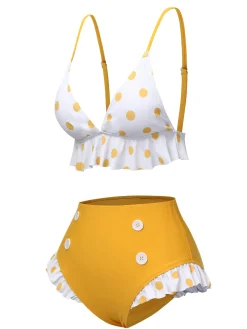 Sale Retro Stage 1940s Polka Dot Ruffle Swimsuit Yellow