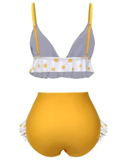 Sale Retro Stage 1940s Polka Dot Ruffle Swimsuit Yellow
