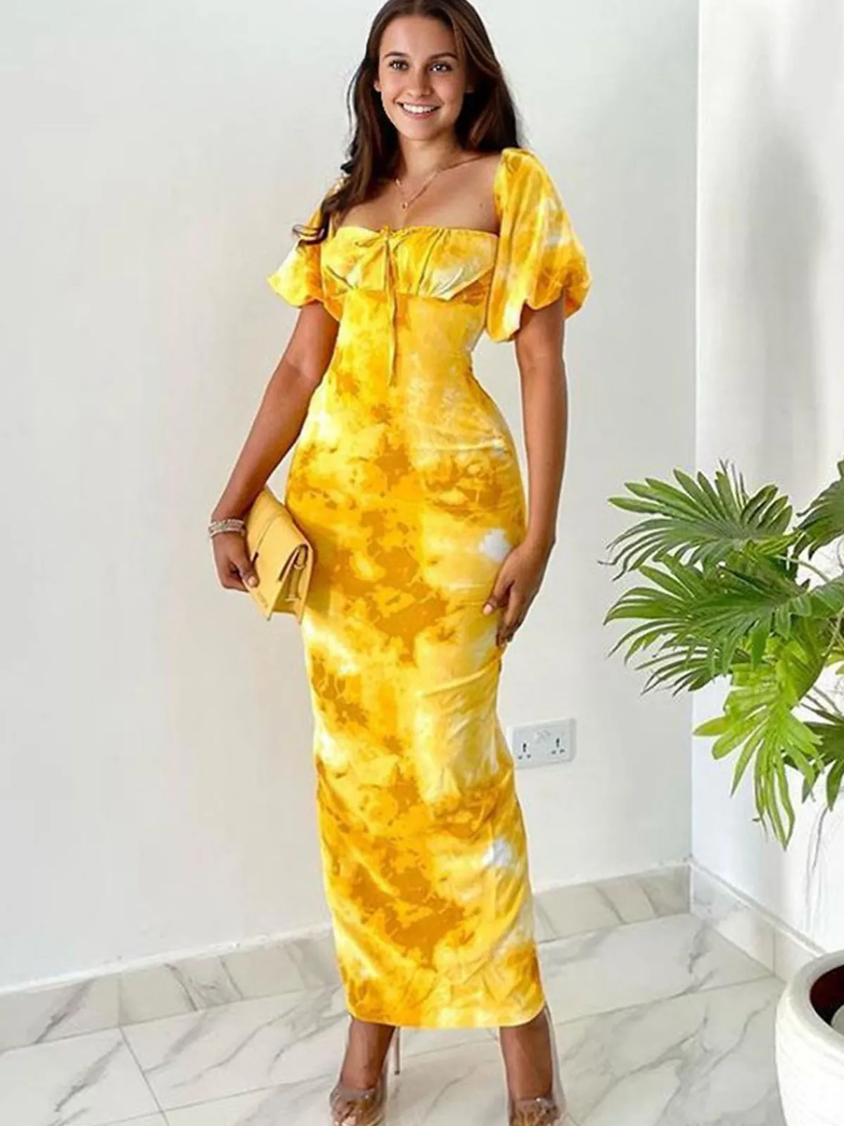 Outlet Retro Stage 1930s Puff Sleeves Square Neck Dress Yellow