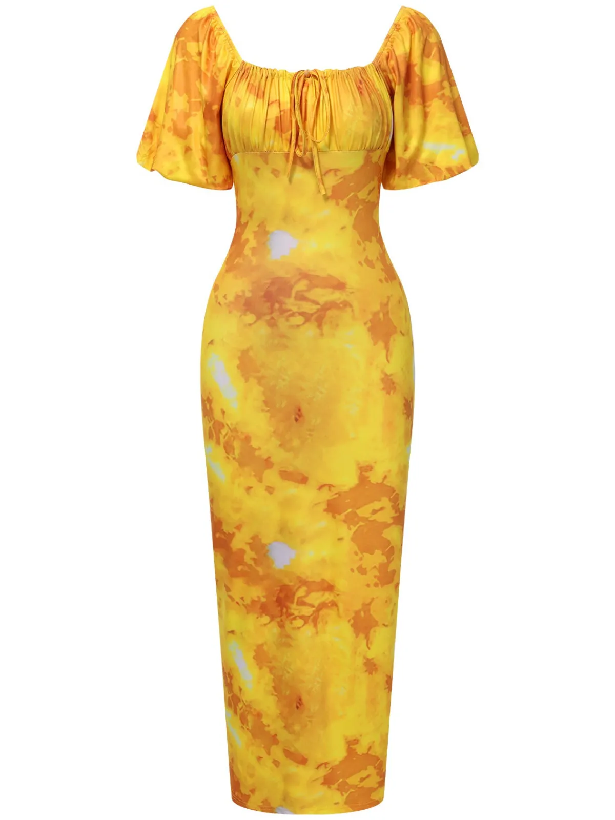 Outlet Retro Stage 1930s Puff Sleeves Square Neck Dress Yellow