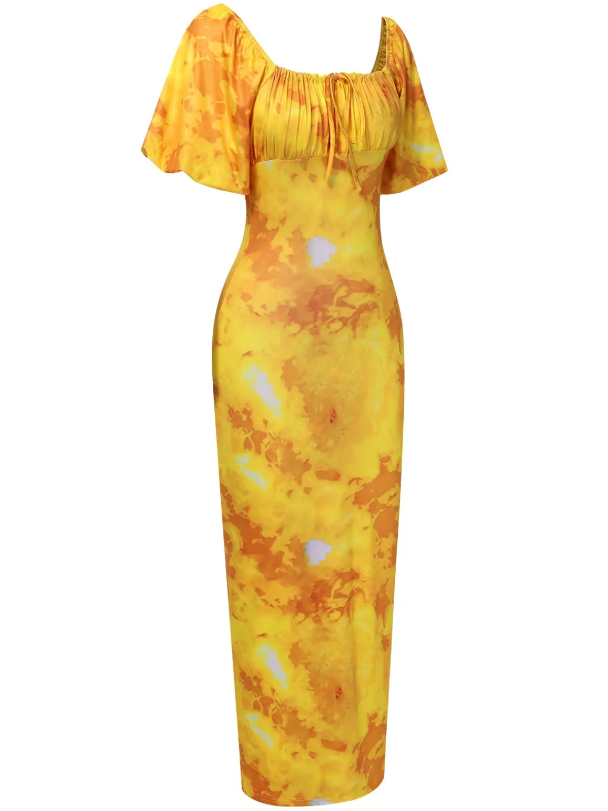 Outlet Retro Stage 1930s Puff Sleeves Square Neck Dress Yellow