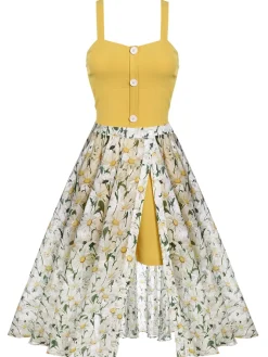 Outlet Retro Stage Yellow 1950s Romper & White Floral Skirt Yellow & White