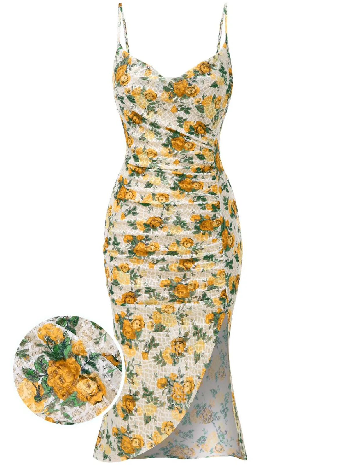 Discount Retro Stage 1930s Roses Cowl Neck Fishtail Ruched Dress Yellow
