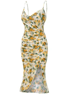 Discount Retro Stage 1930s Roses Cowl Neck Fishtail Ruched Dress Yellow