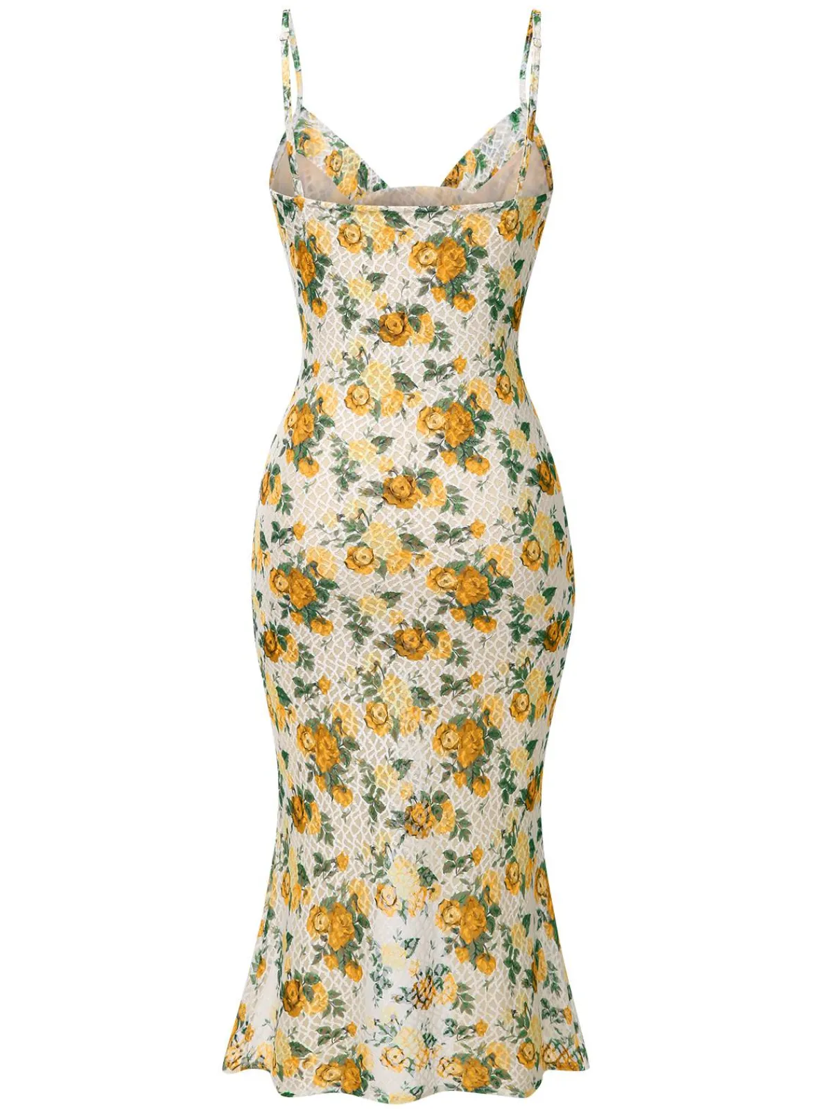 Discount Retro Stage 1930s Roses Cowl Neck Fishtail Ruched Dress Yellow
