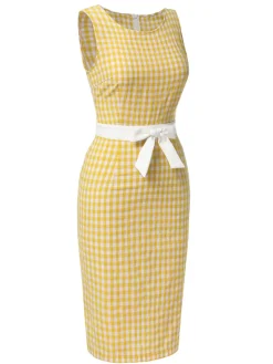 Best Retro Stage 1960s Round Neck Gingham Bow Sleeveless Dress Yellow