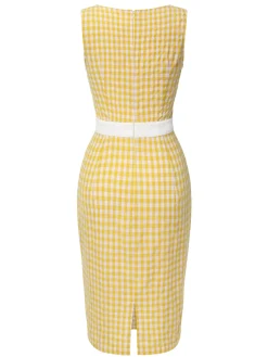 Best Retro Stage 1960s Round Neck Gingham Bow Sleeveless Dress Yellow