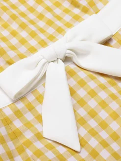Best Retro Stage 1960s Round Neck Gingham Bow Sleeveless Dress Yellow