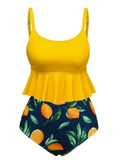 Online Retro Stage 1950s Ruffle Lemon Print Tankini Set Yellow