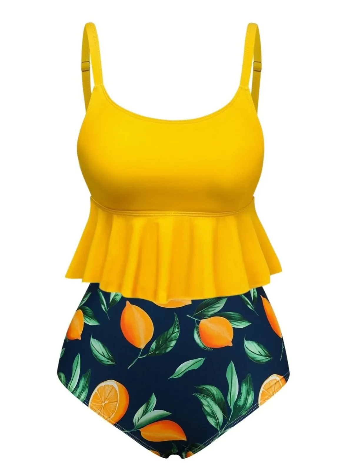 Online Retro Stage 1950s Ruffle Lemon Print Tankini Set Yellow