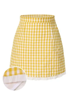 Outlet Retro Stage 1960s Ruffles Plaid Skirt Yellow