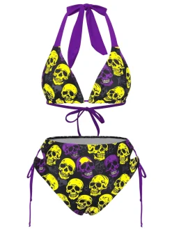Discount Retro Stage Yellow 1950s Skull Halter Swimsuit