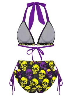 Discount Retro Stage Yellow 1950s Skull Halter Swimsuit