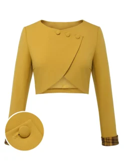 Fashion Retro Stage 1950s Solid Button Short Coat Yellow