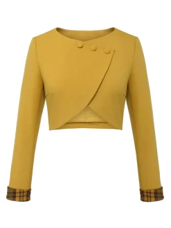 Fashion Retro Stage 1950s Solid Button Short Coat Yellow