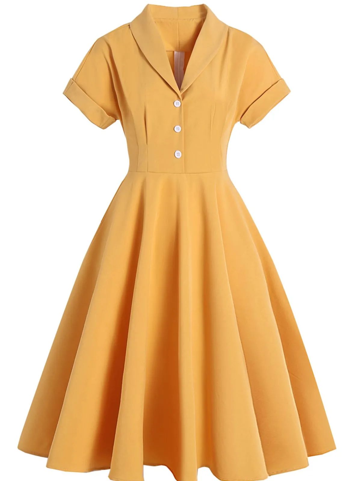 Clearance Retro Stage 1950s Solid Buttoned Swing Dress Yellow