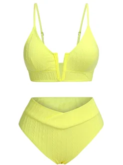 Sale Retro Stage 1950s Solid Knit Bikini Set Yellow