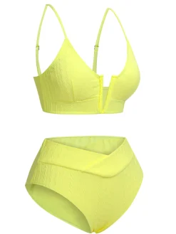 Sale Retro Stage 1950s Solid Knit Bikini Set Yellow