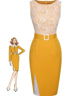 Outlet Retro Stage 1960s Solid Lace Patchwork Belt Dress Yellow
