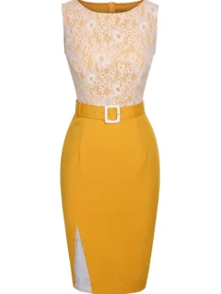 Outlet Retro Stage 1960s Solid Lace Patchwork Belt Dress Yellow