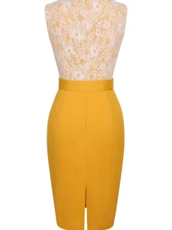 Outlet Retro Stage 1960s Solid Lace Patchwork Belt Dress Yellow