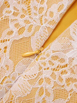 Outlet Retro Stage 1960s Solid Lace Patchwork Belt Dress Yellow